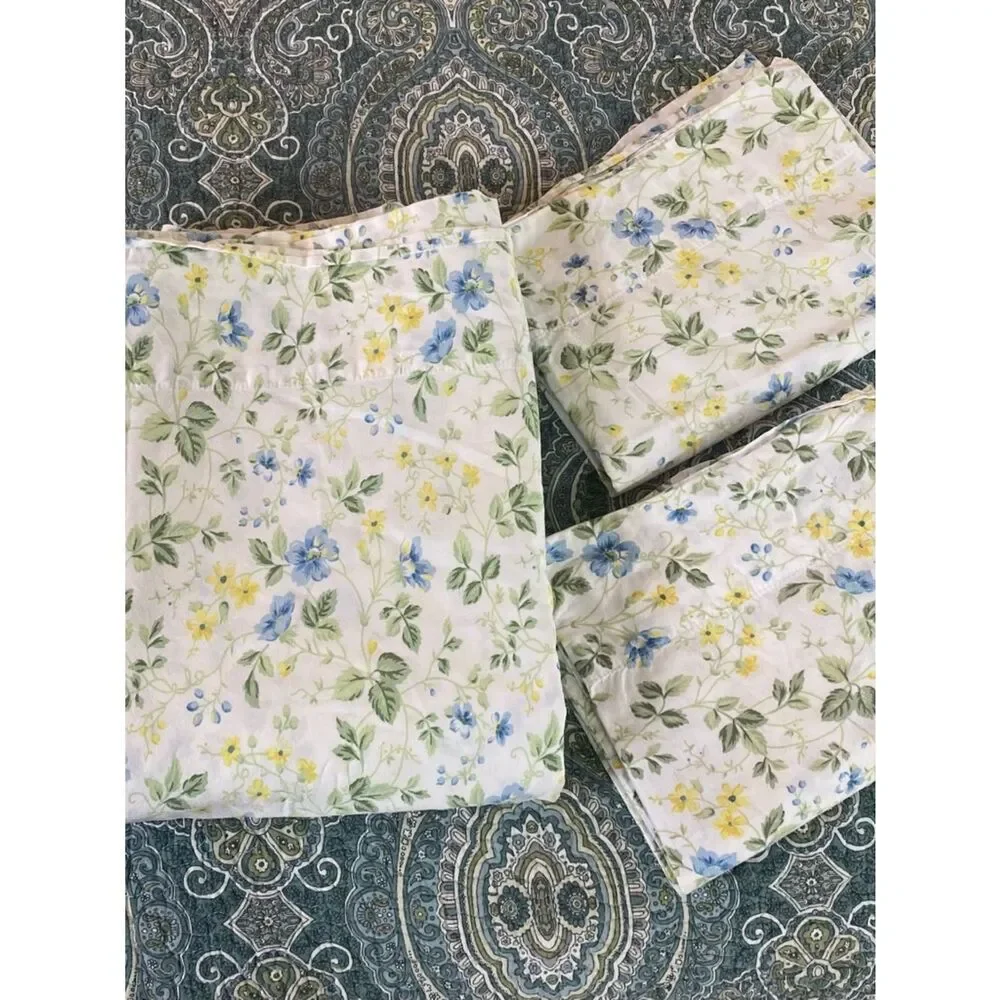 Laura Ashley Floral Pillowcases and Sheet Set in Blue, Yellow, Green on White
